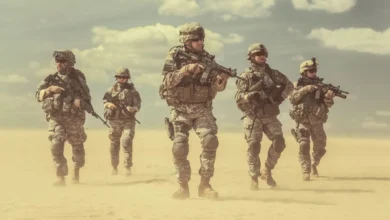 high-tech soldiers in a desert setting